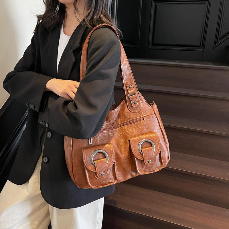 Myk skinn tote bag dame retro multifunksjonell skulderveske håndveske