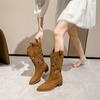 Western Cowboy Boots 2025 Spring and Autumn Thick Heel V-neck Embroidered Hole Knight Boots Retro Size Breathable Women's Boots