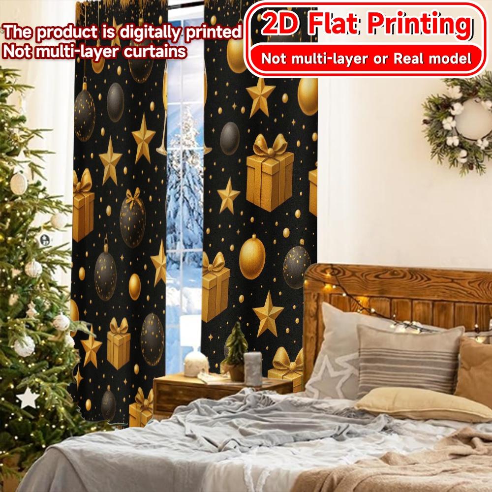 2D Flat Printing  2pcs Golden New Year (1) Print Popular Curtains Fabric Curtains Gifts Suitable for Bedroom   Living Room