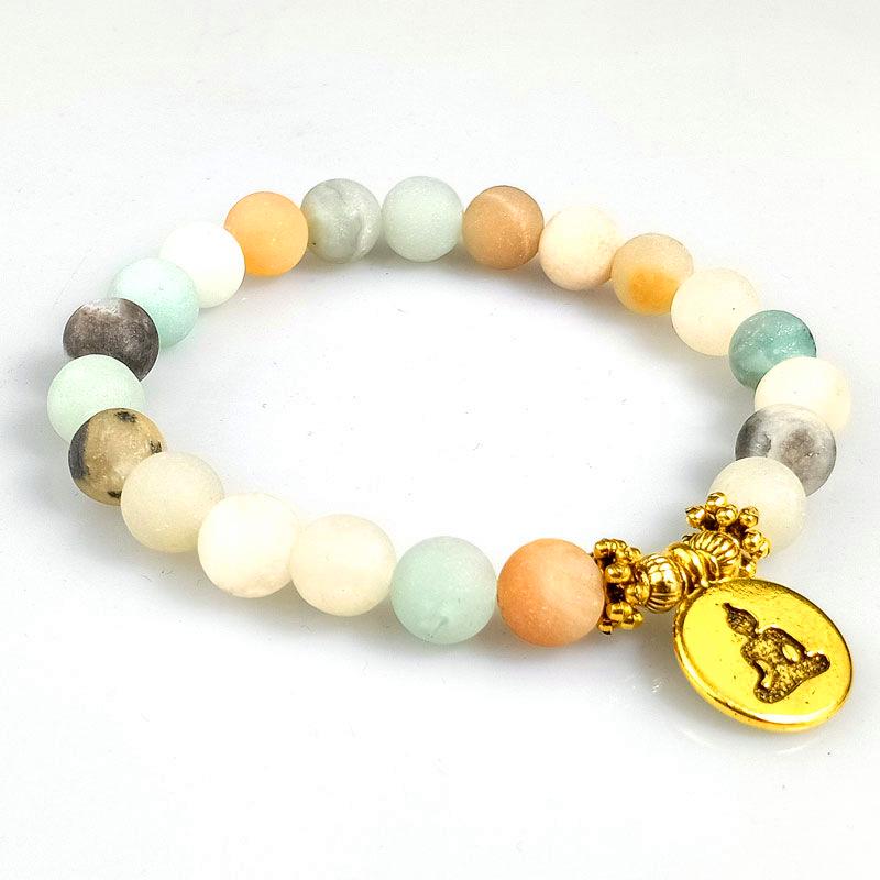 Natural Matte Amazonite Bracelet with Yoga Lotus Pendant - Handmade Buddhist Beads