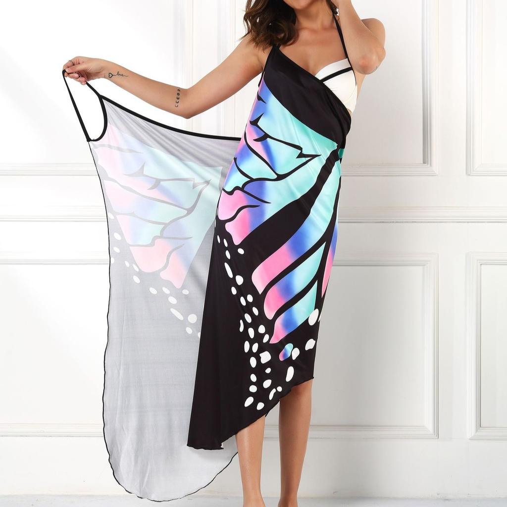 IHUASU Women's Colourful Butterfly 3D Printed Sexy Comfortable Beach Cover Dresses