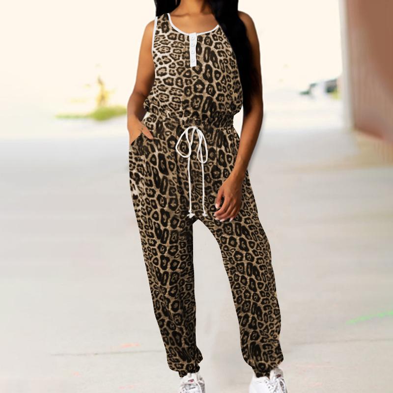 

Celmia Лето Женщины Леопардовый принт без рукавов Шнурки Карманы Свободный Макси Боди