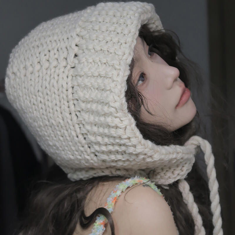 Ivory crocheted knit hooded bonnet hat IVORY