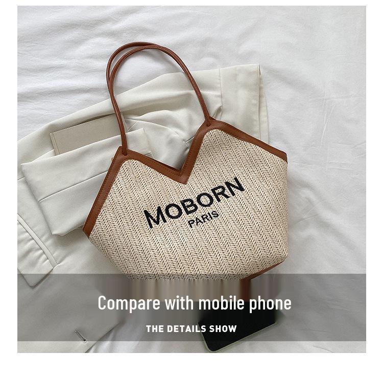 2025 Snygg Strandväska i Halm för Resor för Kvinnor: Mångsidig flätad axelväska