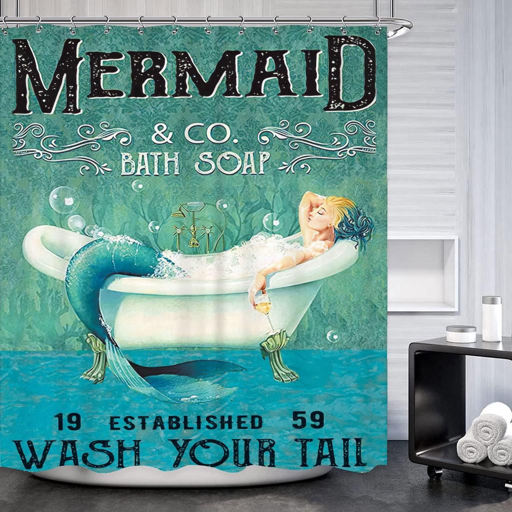 Blue Mermaid Ocean Shower Curtain - 60Wx72L Inch, Green, Wash Your Tail Funny Bathtub Bubble Waterproof Polyester Fabric, 12 Pla