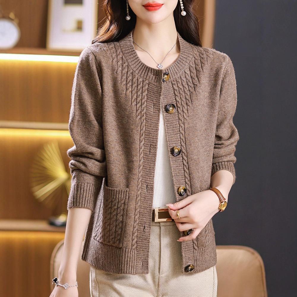 Rundhals-Pulloverjacke Damen Frühling und Herbst Lockerer Oberteil Übergröße Western-Stil Kurze Strickjacke