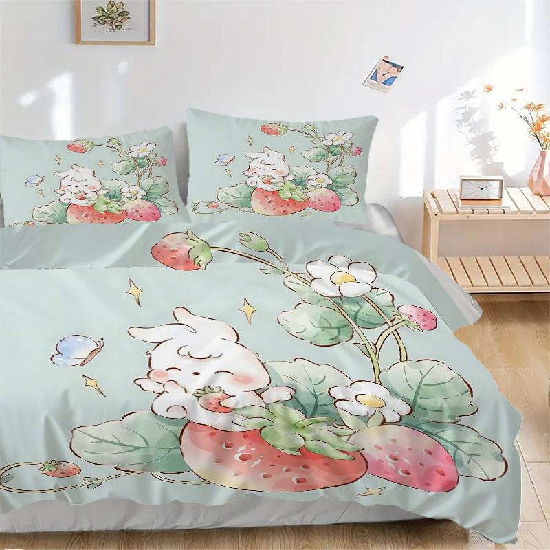 3pcs Strawberry Rabbit Bedding Set - 1 Soft Quilt Cover + 2 Pillowcases, Machine Washable - Suitable for All Seasons M096