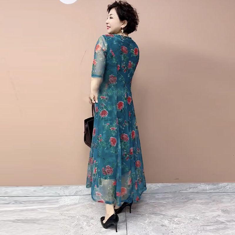 High-End Summer Women's Floral Dress   V-Neck Stretch Plus Size Dress   Slim Fit Long Dress