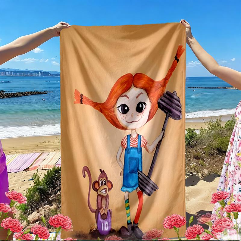 Pippi Longstocking Print Beach Towel, Versatile Lightweight Absorbent Beach Towel for Pool Surf Yoga Bathroom, Perfect Birthday Holiday Gift