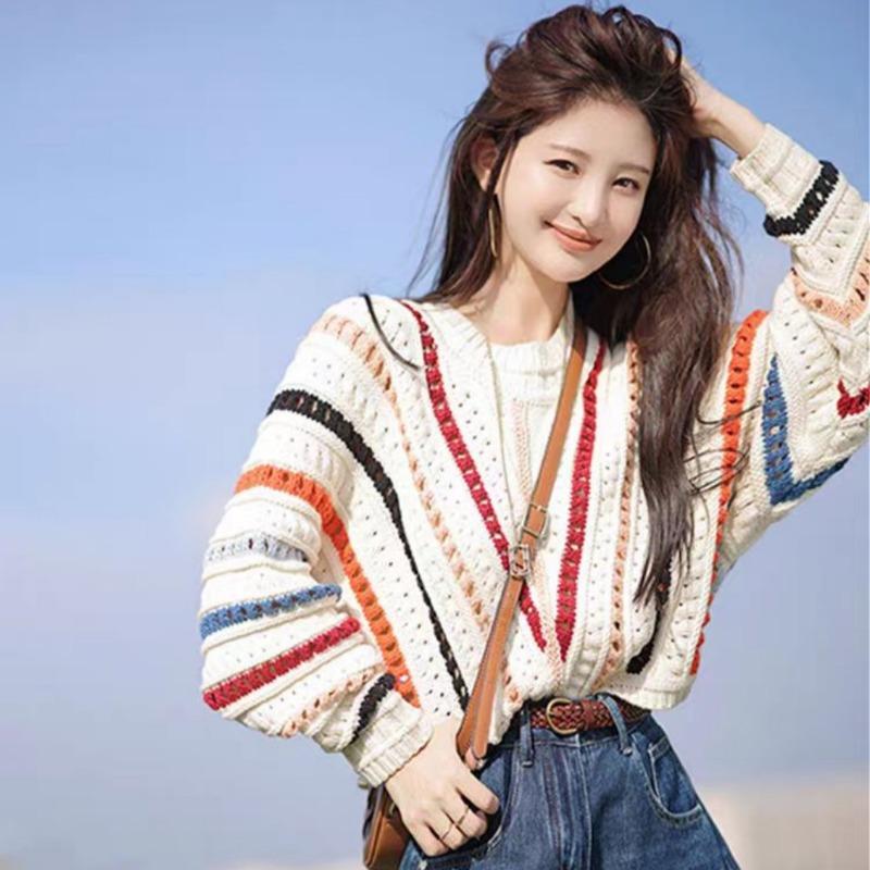 2025 New Rainbow Color Cardigan Women Sweater Autumn Sweet Fashion Elegant O Neck Knit Coats Hollow Crochet Casual Loose Long Sleeve Jacket Clothing