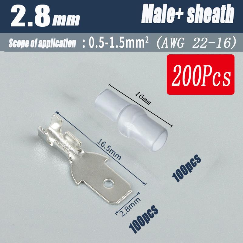 200Pcs Copper Female and Male Crimp Terminal Connectors Aautomotive Speaker Cable Flag Connector 2.8/ 4.8/ 6.3mm With Sheathing