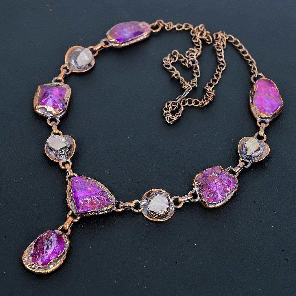 Ruby & Rose Quartz Handmade Gemstone Necklace, Copper Electroformed Necklace Antique Jewelry, Adjustable Necklace Engagement Gift
