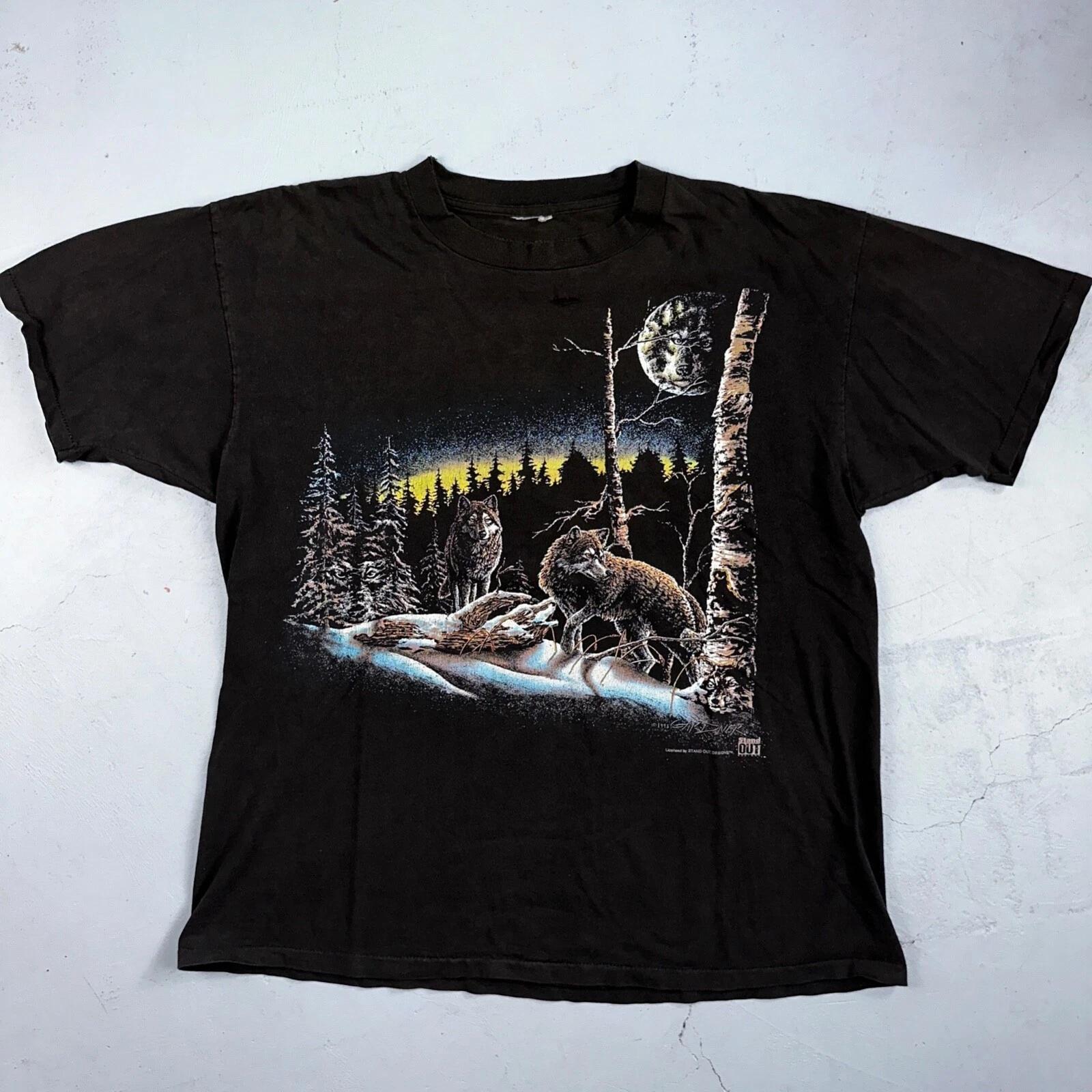 Vintage Wolf Pack Wolves Nature Animals Art Graphic Thrashed T-Shirt Black 90s 2XL