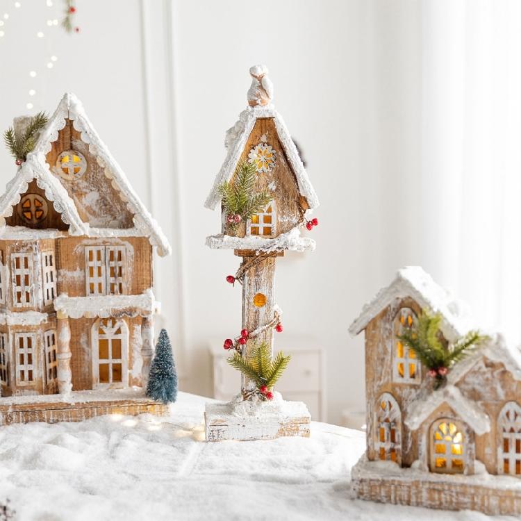 Table Display Christmas Cottage Ornament with Light Effect, Wooden Snow Cabin Decoration for Tabletop Shelf Styling