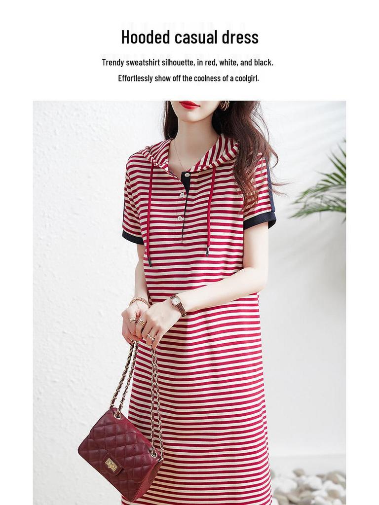 Women's Summer 2023 Elegant Striped Hooded Mid-Length Dress
