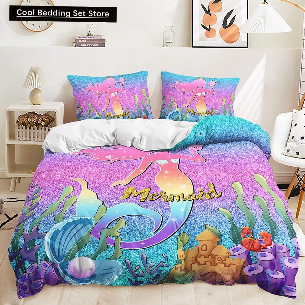 Beautiful Rainbow Mermaid Bedding Set Polyester Duvet Cover Set Single Full Twin Queen Comforter Sets for Girls Women Bed Linen