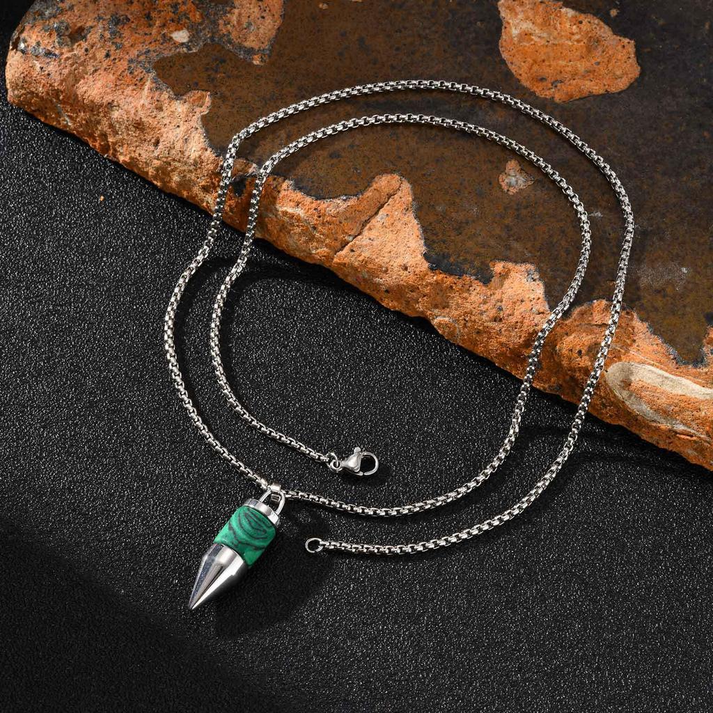 Stainless Steel Gemstone Pendant with Black Agate, Turquoise, Malachite, Aventurine, and Tiger Eye - Round Bullet Design.