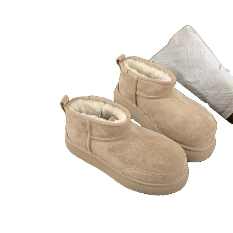 Womens Chunky Sole Slip-On Snow Boots With Wool Lining Real Leather Upper Winter Warm Short Ankle