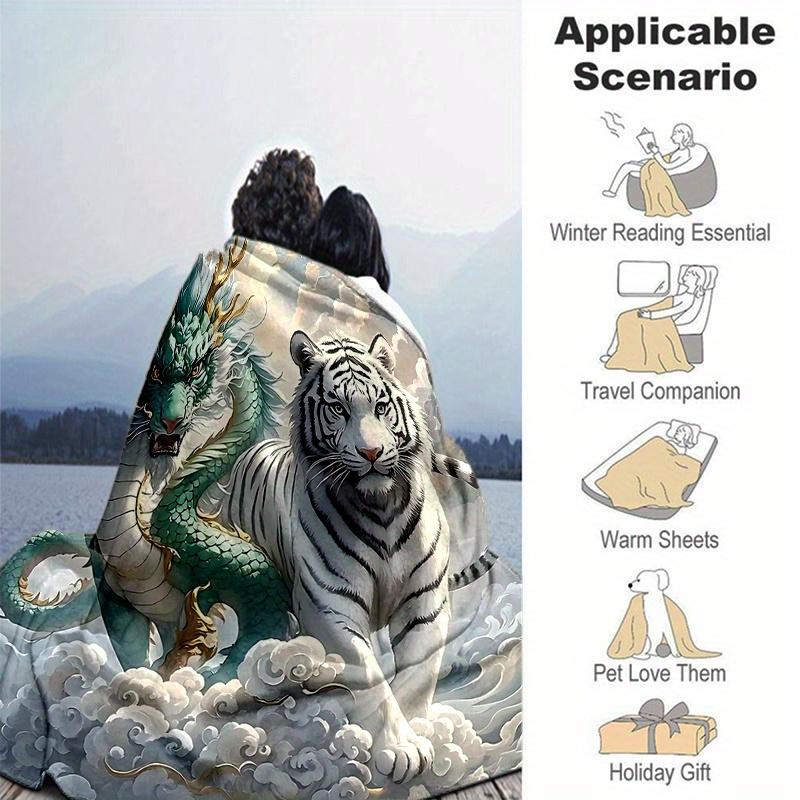 1pc Turquoise Dragon and Snow Tipped Tiger Soaring Through Clouds Blanket Bedding Throw for Room Decor, Living Room, Travel, Camping, Car Blankets
