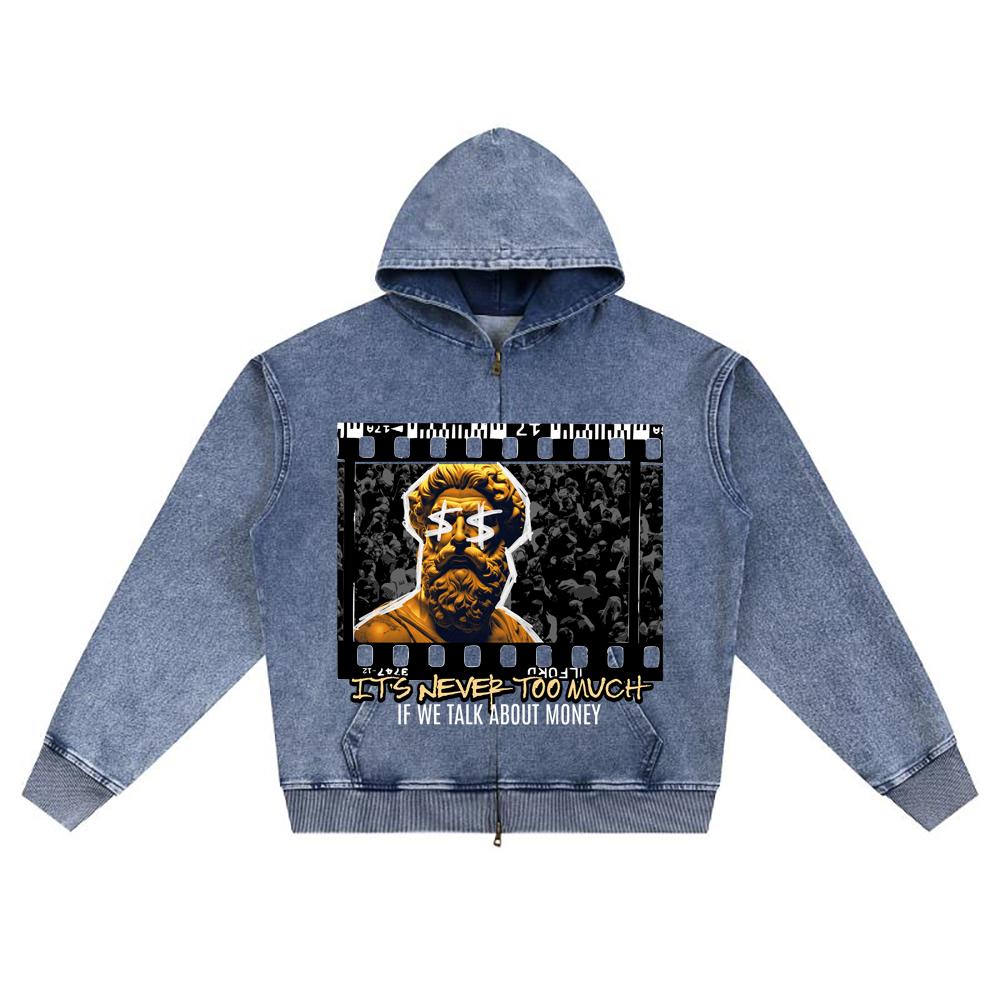 DTG print Knitted Denim Zip-Up Hoodie It's Never Too Much Brother Print Zipper Hoodies  