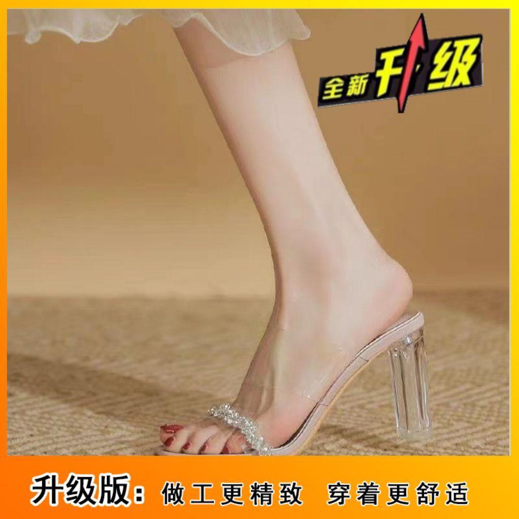 

Thick heel wear cool slippers women 2025 spring Internet celebrity transparent women temperament non-slip high heels not tired feet 40