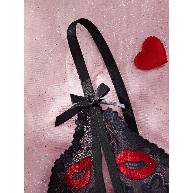 Embroidery Sexy Lace Bow Underwear Thong Women's Hollow Out See Through Bikini Erotic Thin Section Gathered Temptation Bra Set