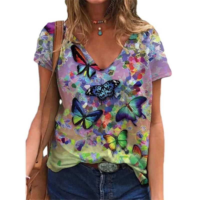Summer Women's Loose Multicolored V-neck Printed Short Sleeved T-shirt for Women