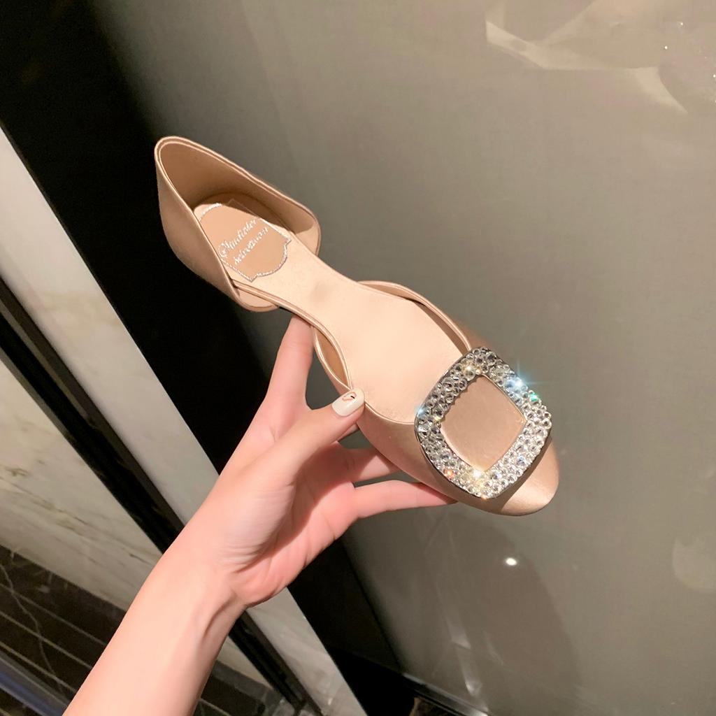 Sheepskin Version of Grape Mother, the Same Spring and Summer New Fairy Square Diamond Buckle Shallow Mouth Shoes Hollow Sandals Women's Flat Shoes