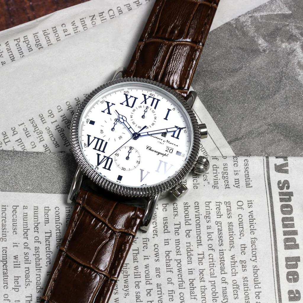 Klokke Chronograph Lærreim 5 ATM Vanntett Hvit Mørkebrun [Salvatore Mara] Herre SM19109-SSWHDBR2