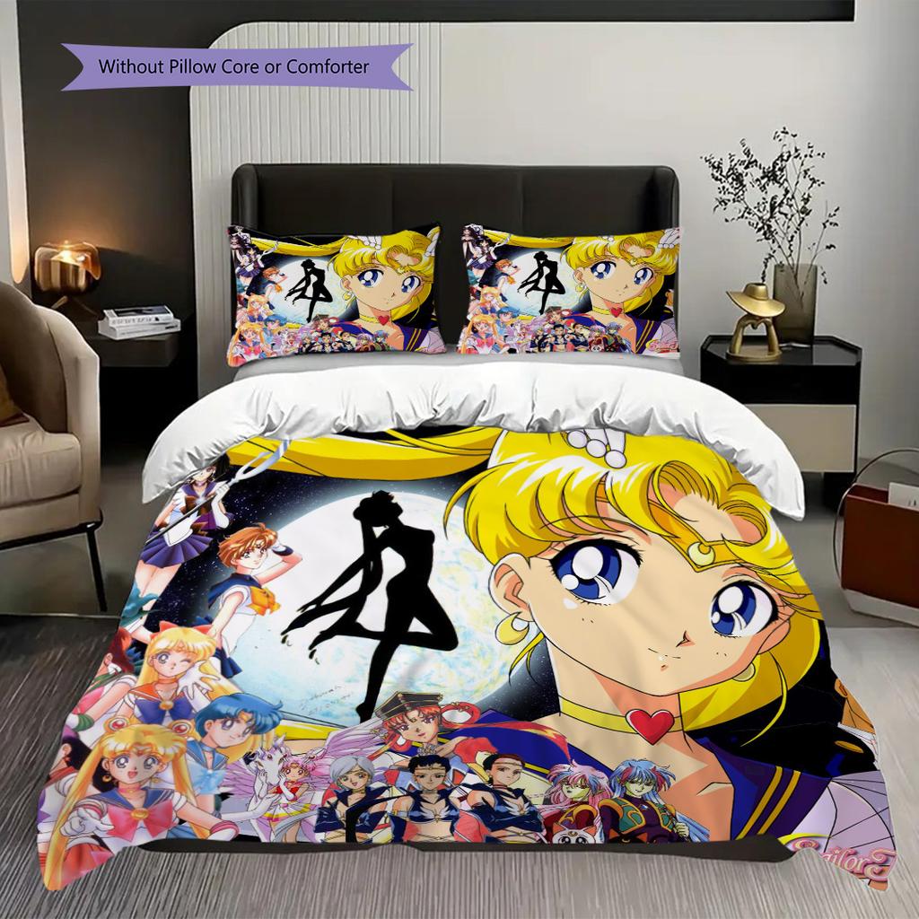 Süßes Cartoon-Thema Sailor Moon Tsukino Usagi Cartoon bequemer Heim-Bettbezug und Kissenbezug (1 * Bettbezug + 2 * Kissenbezug, ohne Füllung)A2