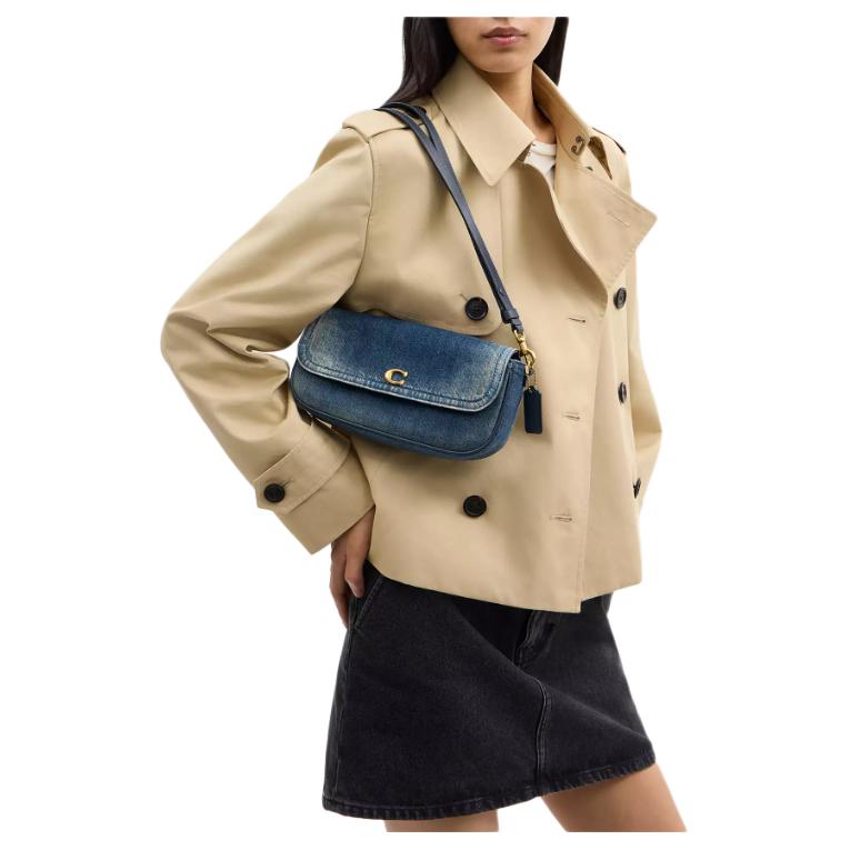 Coach 23 Removable Chain Strap Snap Closure Interior Zipper Pocket Fabric Shoulder Bag Medium Women Shoulder Bag Brass Deep-Indigo CCY20-B4YMW