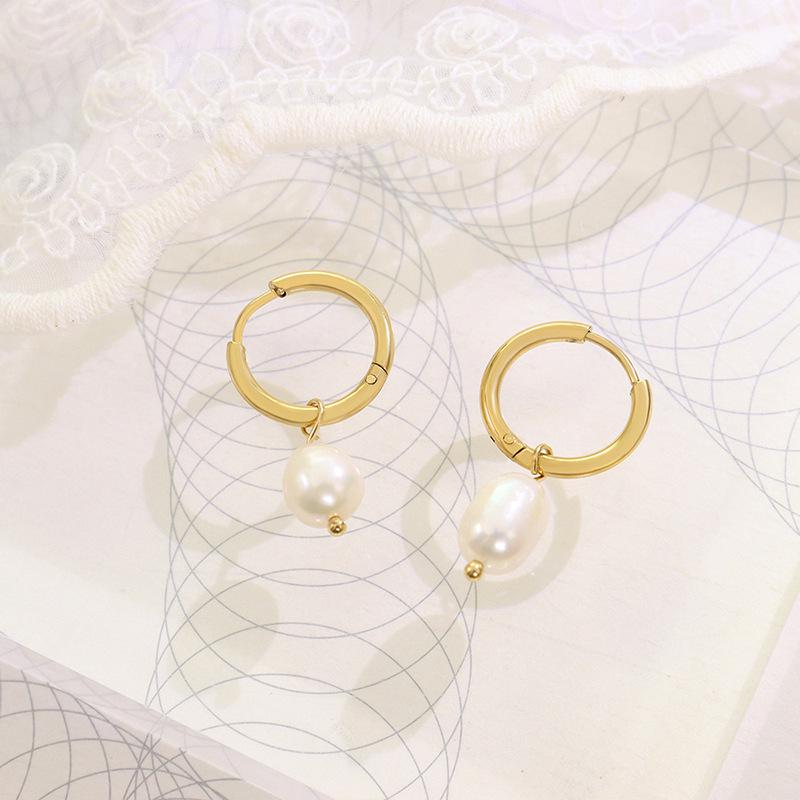 18K Gold-Plated Titanium Steel Hoop Earrings with Freshwater Pearl Pendants