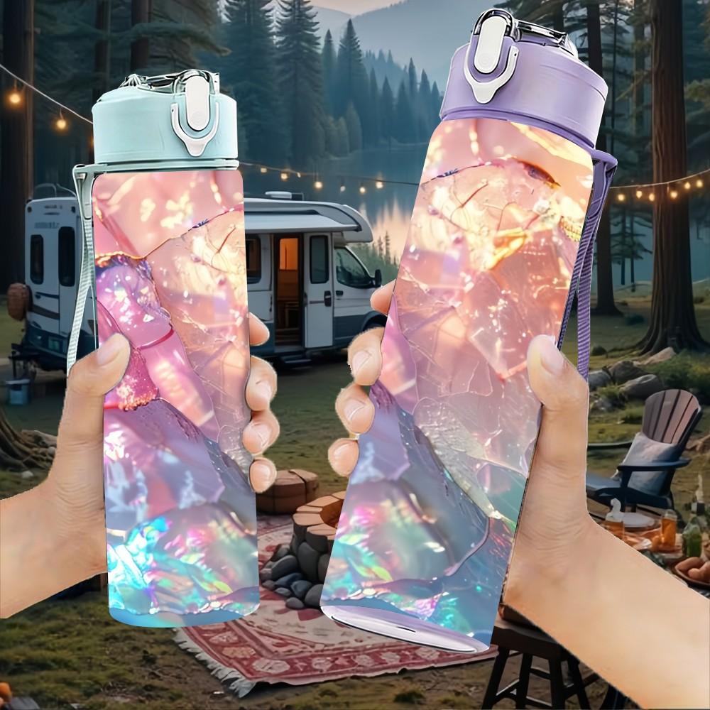 1PC Iridescent Crystal Swirl Marble Texture 750ml Color Plastic Sports Water Bottle Leakproof Flip Straw Lid Suitable for Sports Office Home Use