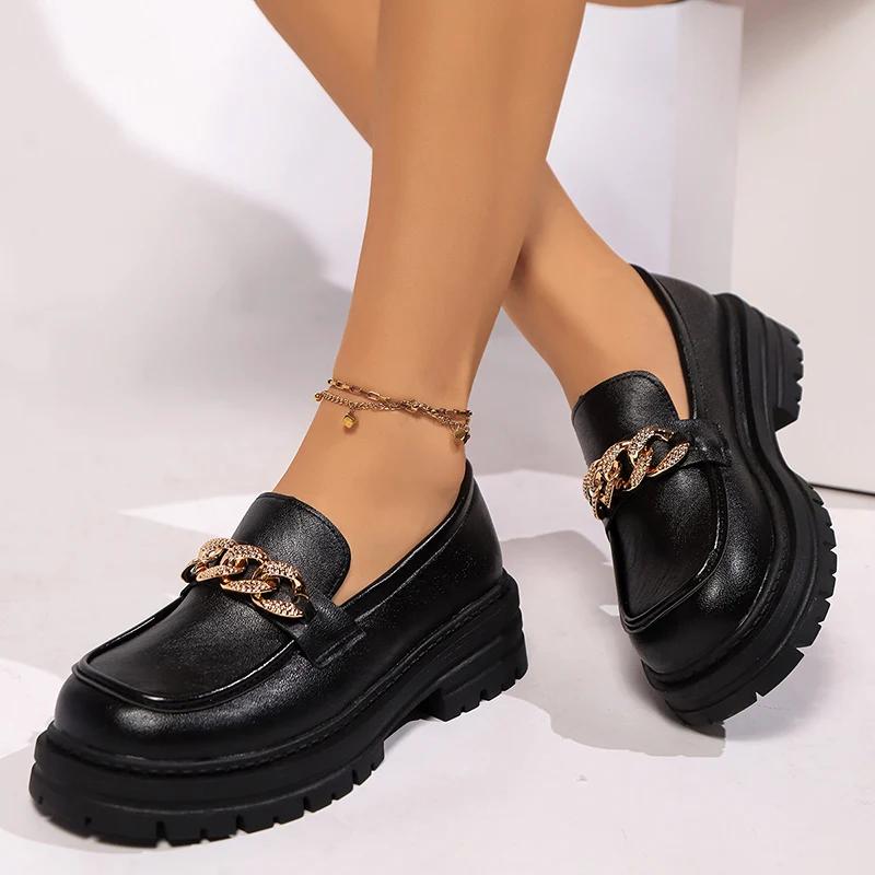 Lucyever Metallkjede Plattform Loafers Kvinner Pluss Størrelse Tykk Bunn Kontor PU Lær Sko Kvinne Slip On Retro Jk Uniform Sko