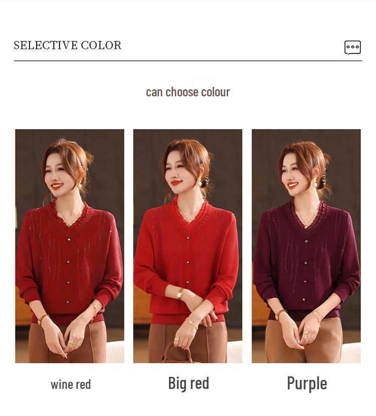 Spring Women's V-Neck Rhinestone Ice Silk Knitwear - Slimming, Versatile, and Comfortable for Middle-aged and Elderly Moms