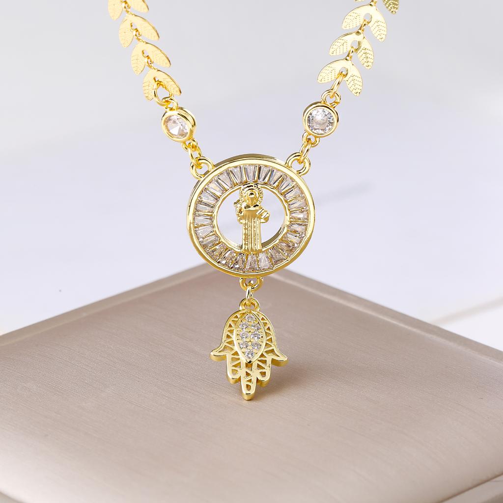 Our Lady of Guadalupe Hamsa Hand Stainless Steel Chain Necklace Gold Plated Zircon Religious Zircon for Women Charm Amulet Gift