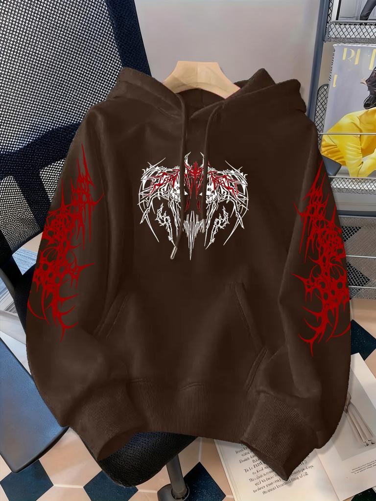 Dark wind gothic letter print hooded sweater men and women the same red loose street style top