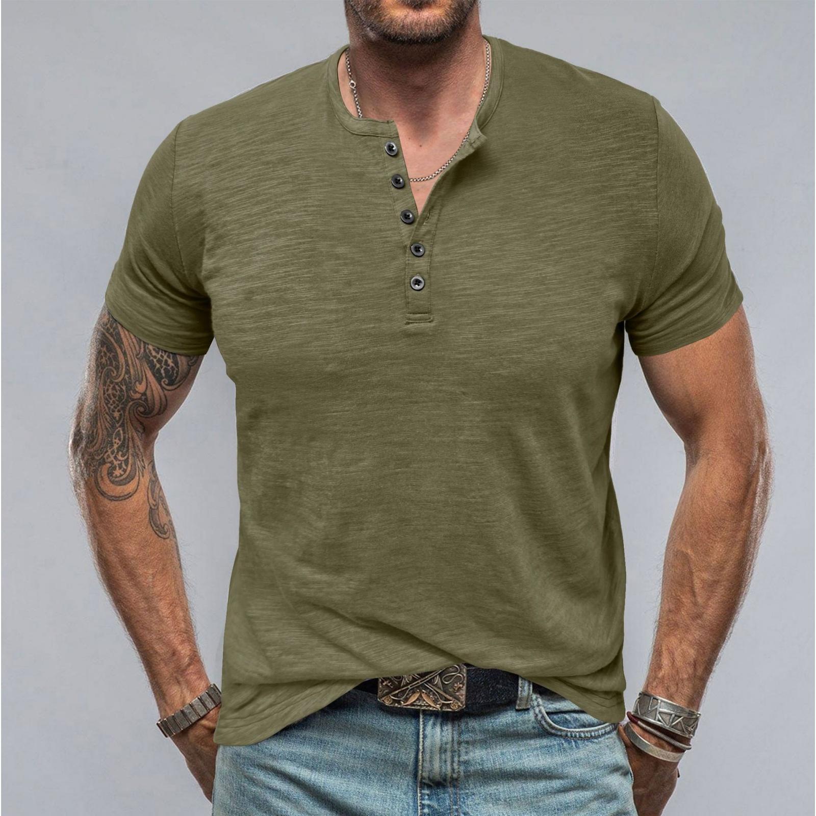 Men s Casual Sporty -color Base Layer Shirt, Men s Button-down Round-neck Short-sleeved Top L