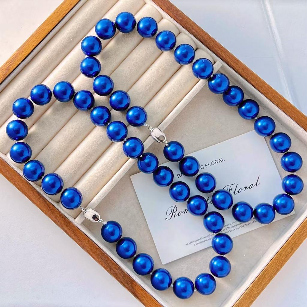 16Mm Vintage Haute Couture Large Grain Ink Blue Bottom Peacock Blue Faux Crystal Pearl Necklace Collarbone Chain