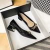 Fashion Shoes For Women Black Chain Square Heels With Medium Luxury Leather Casual Pointed Toe Office Woman Footwear Lastest Non Slip E