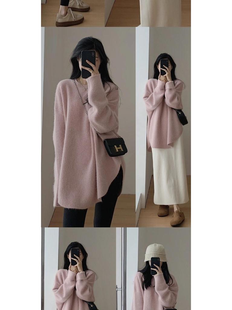 Women's Mid-Length Retro Split Knit Raccoon Velvet Sweater - Autumn/Winter