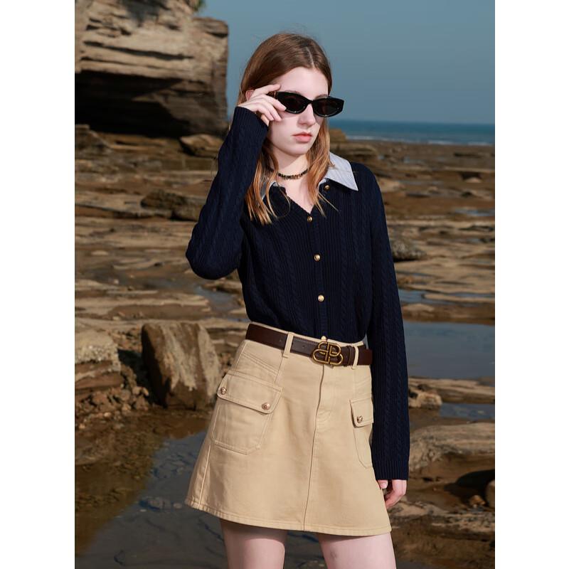 

Sancai Women s Faux Two-Piece Striped Lapel Cable Knit Cardigan XL