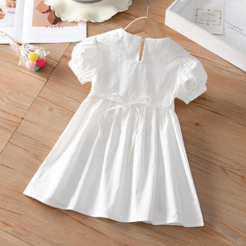 Girls Princess Dress Solid Color Cotton A-line Skirt Short Sleeve Kids Over 4 Years Old