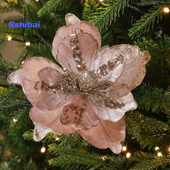 Glitter Artificial Flower Christmas Tree Decoration Vibrant Color Realistic Looking Easy To Hang Faux Flower Holiday Party Ornament
