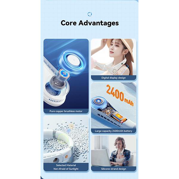 Essager Mini Neck Fan 2400mAh Hanging Neck Fans 5 Speed with Digital Display USB Fan Outdoor Portable Summer Sports Air Cooler