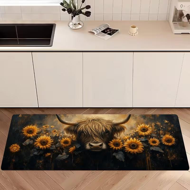 Highland Cow Kitchen Rug Farm Mother and Baby Cow Pattern Non Slip Floor Mat for Kitchen Rustic Country Home Decor