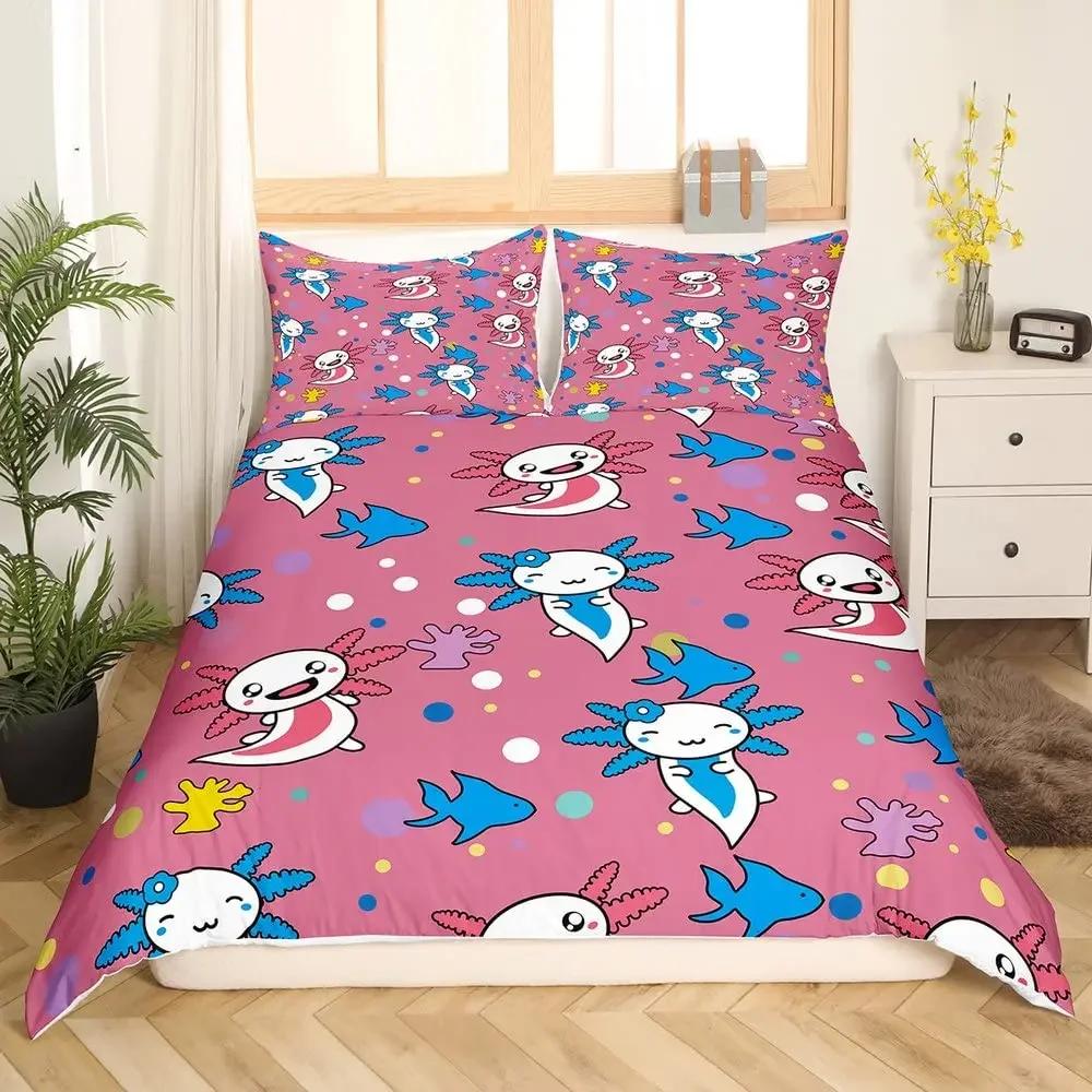 Comforter Cartoon Pink Axolotl Floral King Queen Kawaii Salamander Bedding Set 3D Animal Polyester Comforter