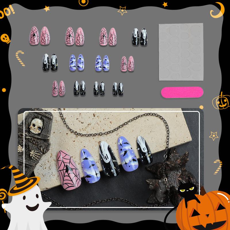 24 pcs Almond-Shaped Halloween Nail Tips with Spider Web and Bat Designs - High-End Wearable Nails
