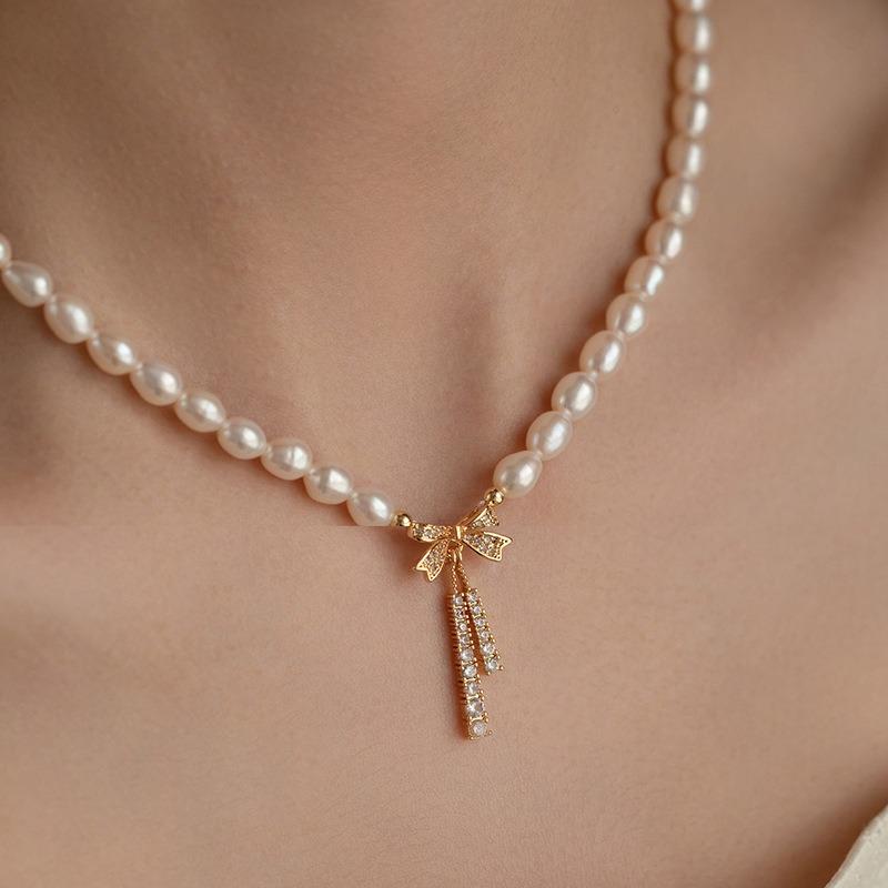 Elegant Rice Freshwater Pearl CZ Zircon Bowknot Beaded Pendant Necklaces for Women 18K Real Gold Copper Chain Chokers