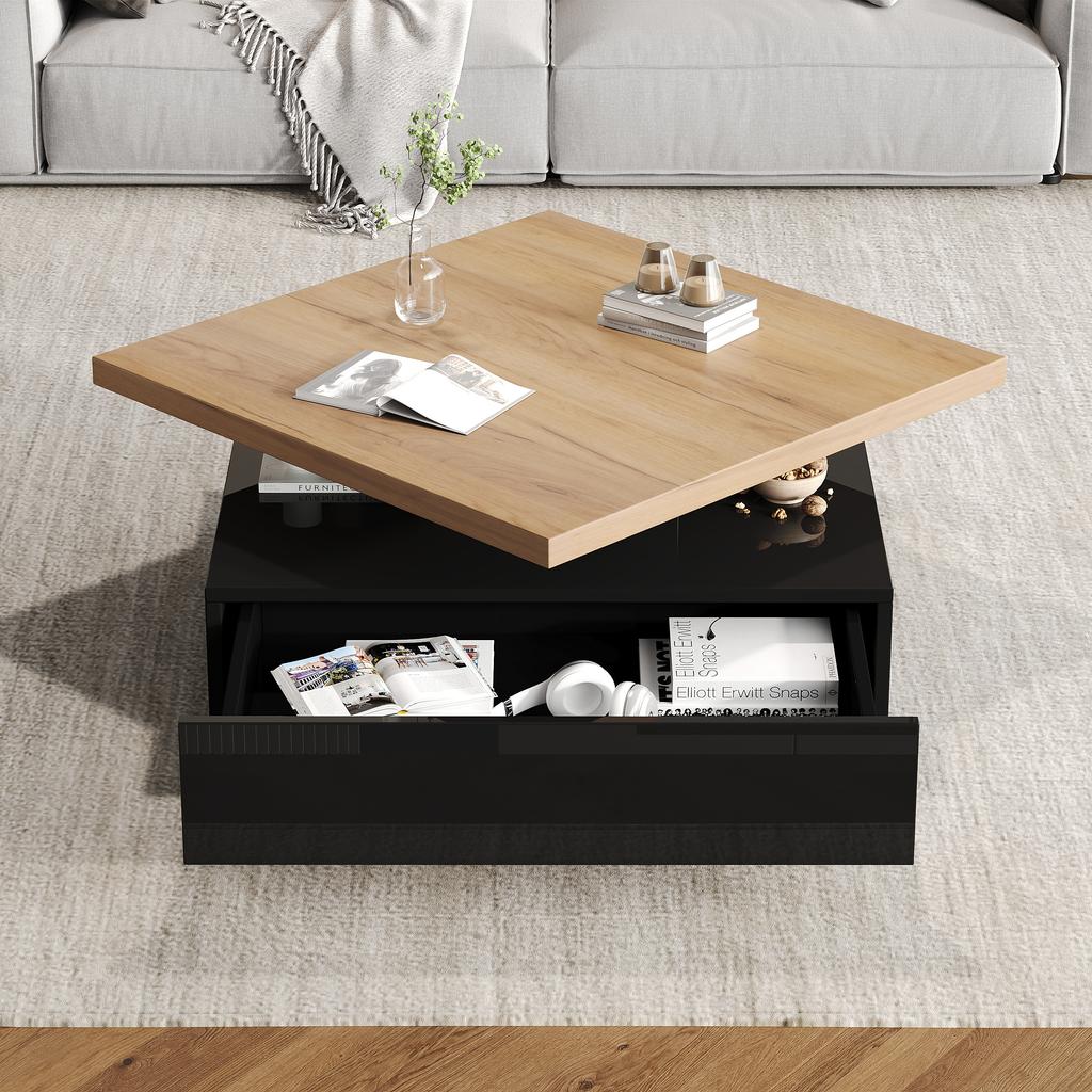 Multifunctional Square 360 Degrees Swiveling Coffee Drawer, High-Gloss 2-Tier Table and Storage Cabinet, Side Table, Natural Wood + Black